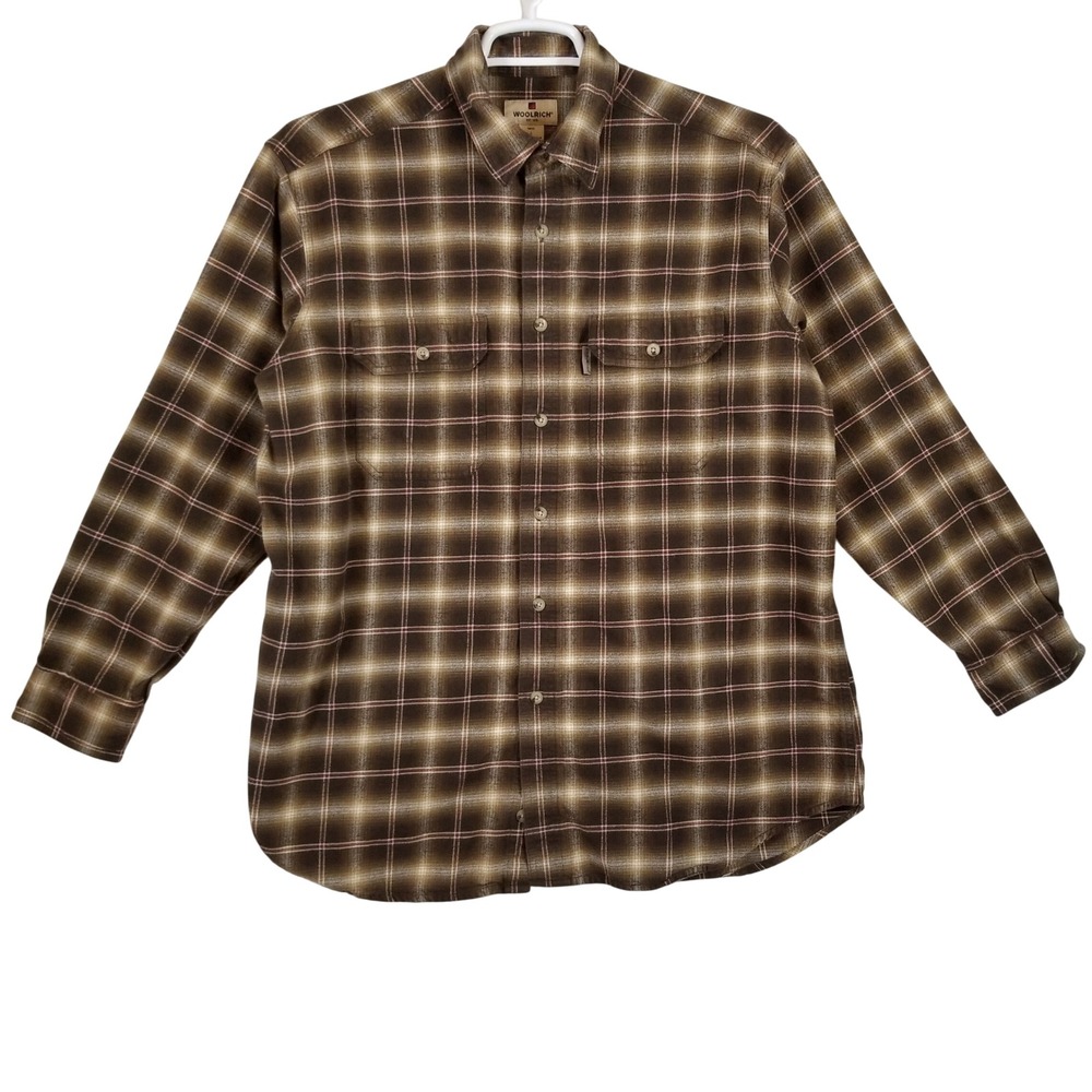 Woolrich‎ Mens Brown Plaid Flannel Button Down Shirt 100% Cotton 6020 Large